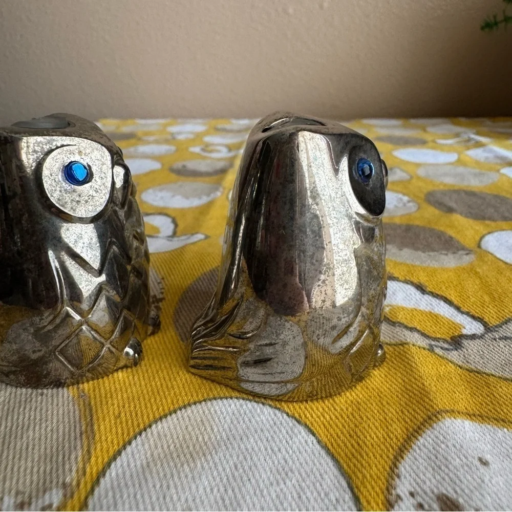 Vintage pewter owl with blue rhinestone eye salt and pepper shaker set